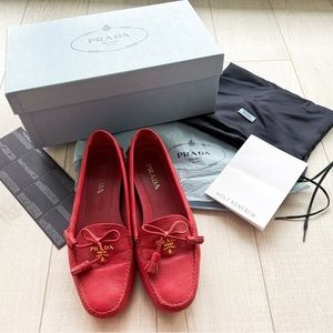 Prada Red Leather Loafer Drivers with Gold Logo Hardware